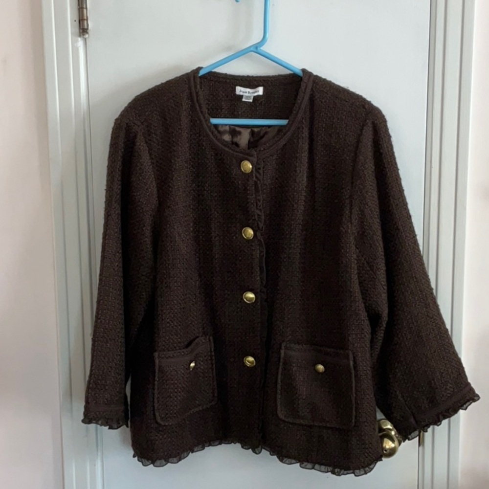 Joan Rivers Woven Chocolate Jacket with Gold Buttons and Ruffled Trim 22W